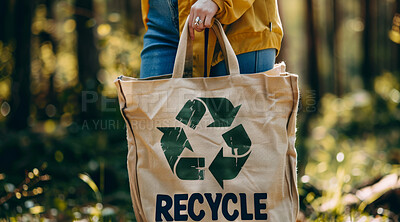 Person, recycle and bag made of hemp material for environmental, awareness and sustainability concept. Garbage, mockup and symbol with copyspace for Earth Day background, eco system or ecology logo
