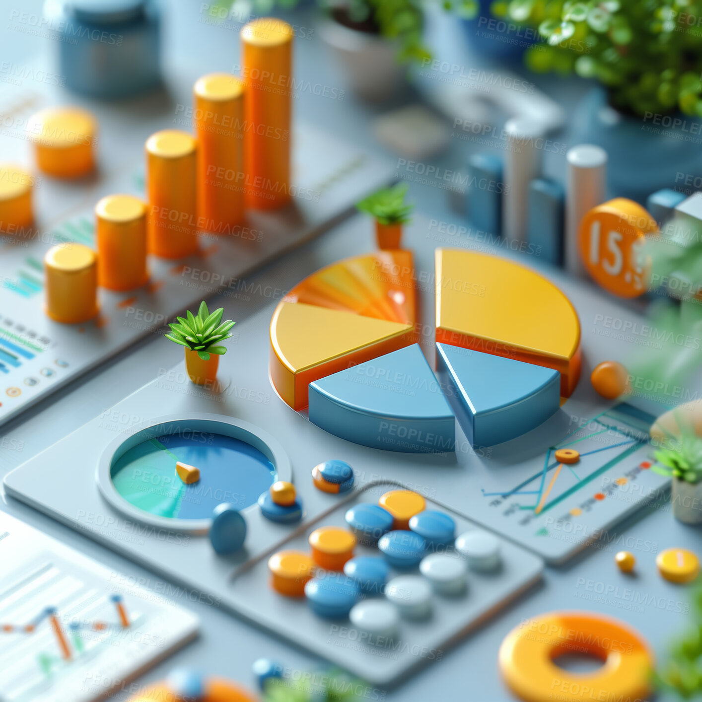 Buy stock photo 3d graphs, management and budget strategy or corporate, accounting and  Planning for company cost, sales and credit to save money. Financial data, graphs and charts to analyze numbers on background.