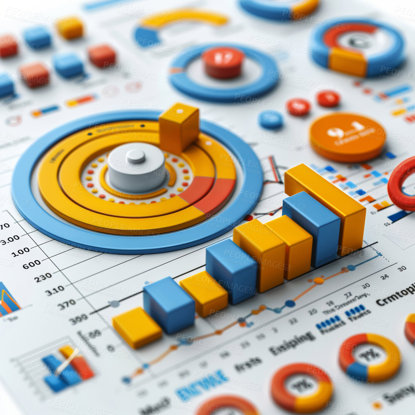 Buy stock photo 3d graphs, management and budget strategy or corporate, accounting and  Planning for company cost, sales and credit to save money. Financial data, graphs and charts to analyze numbers on background.