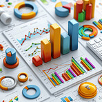 3d graphs, management and budget strategy or corporate, accounting and  Planning for company cost, sales and credit to save money. Financial data, graphs and charts to analyze numbers on background.