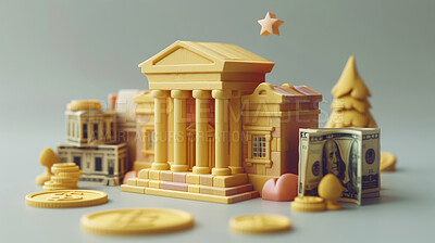 3d bank building, coins and money illustration or representation. Financial data, business and economic transaction concept with cartoon style. Currency, trade and commercial exchange on background