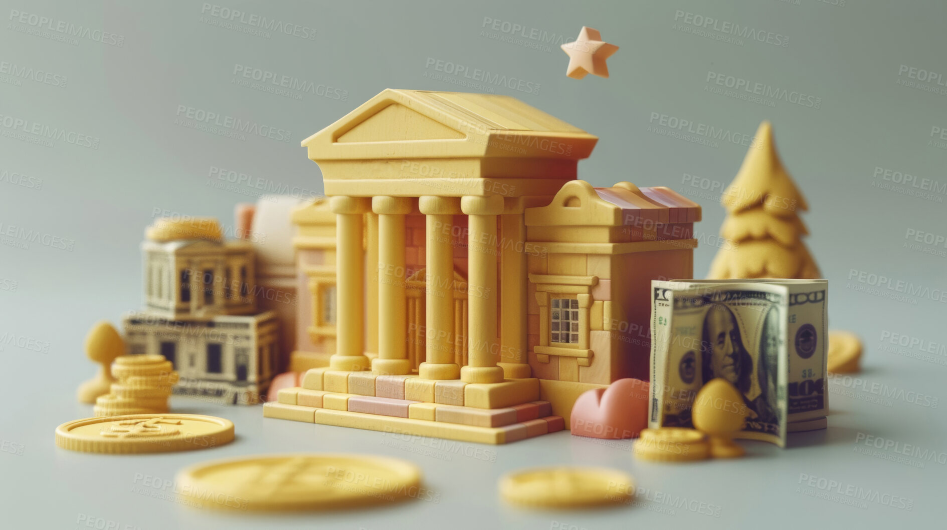 Buy stock photo 3d bank building, coins and money illustration or representation. Financial data, business and economic transaction concept with cartoon style. Currency, trade and commercial exchange on background