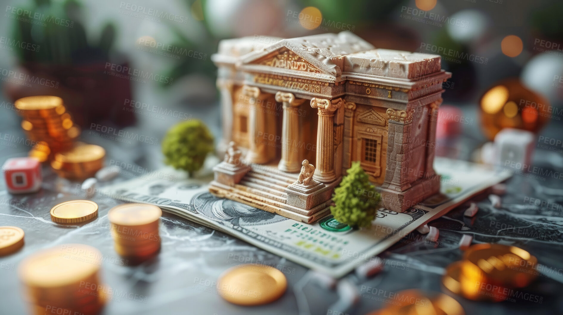 Buy stock photo 3d bank building, coins and money illustration or representation. Financial data, business and economic transaction concept with cartoon style. Currency, trade and commercial exchange on background