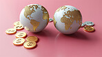 3d earth, coins and money illustration or models. Finance , business and global economic transaction concept with cartoon style. Currency, international trade and commercial exchange on background