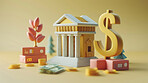 3d bank building, coins and money illustration or representation. Financial data, business and economic transaction concept with cartoon style. Currency, trade and commercial exchange on background