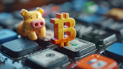 Bitcoin icon, currency and money illustration or models. Finance , business and global economic transaction concept with cartoon style. Crypto, international trade and commercial exchange on background