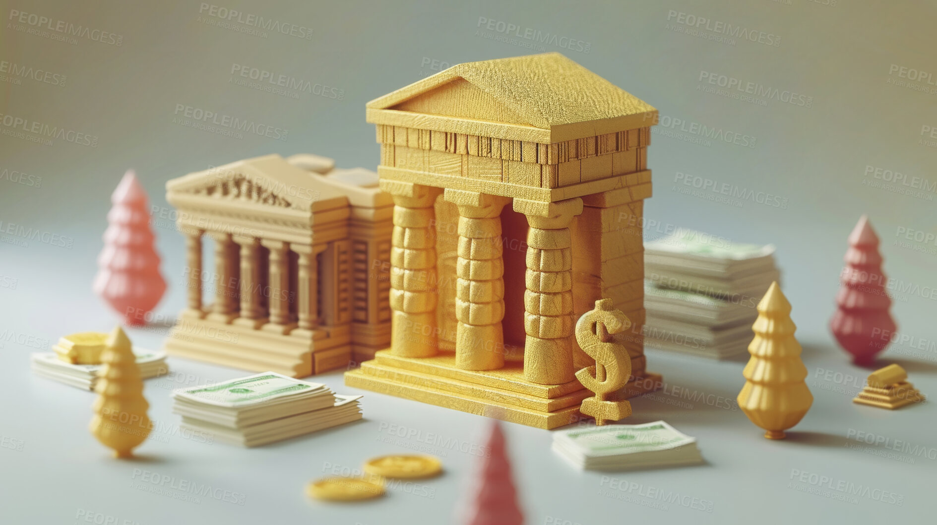 Buy stock photo 3d bank building, coins and money illustration or representation. Financial data, business and economic transaction concept with cartoon style. Currency, trade and commercial exchange on background