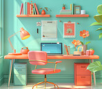 3D desk, computer and workstation for home office, study room and remote work. Cartoon, illustration and interior design concept with bright colours for ecommerce, online shopping or background.