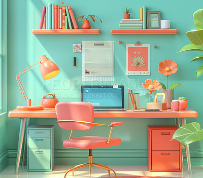 3D desk, computer and workstation for home office, study room and remote work. Cartoon, illustration and interior design concept with bright colours for ecommerce, online shopping or background.