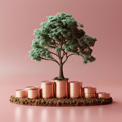 3d tree, coins and growth strategy or corporate, accounting and concept for company increase, sales and credit to save money. Financial data, graphs and charts to analyze numbers on background.