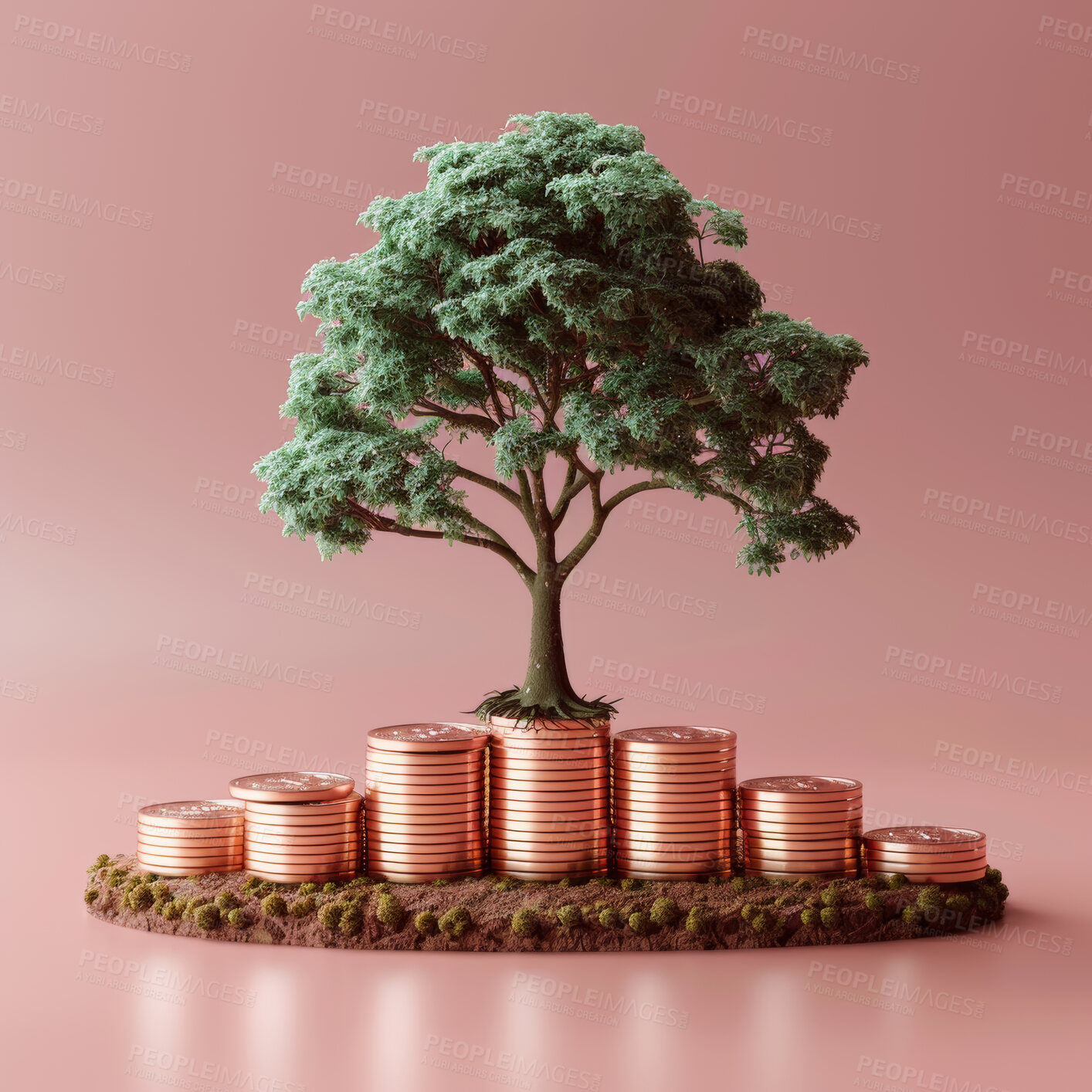 Buy stock photo 3d tree, coins and growth strategy or corporate, accounting and concept for company increase, sales and credit to save money. Financial data, graphs and charts to analyze numbers on background.