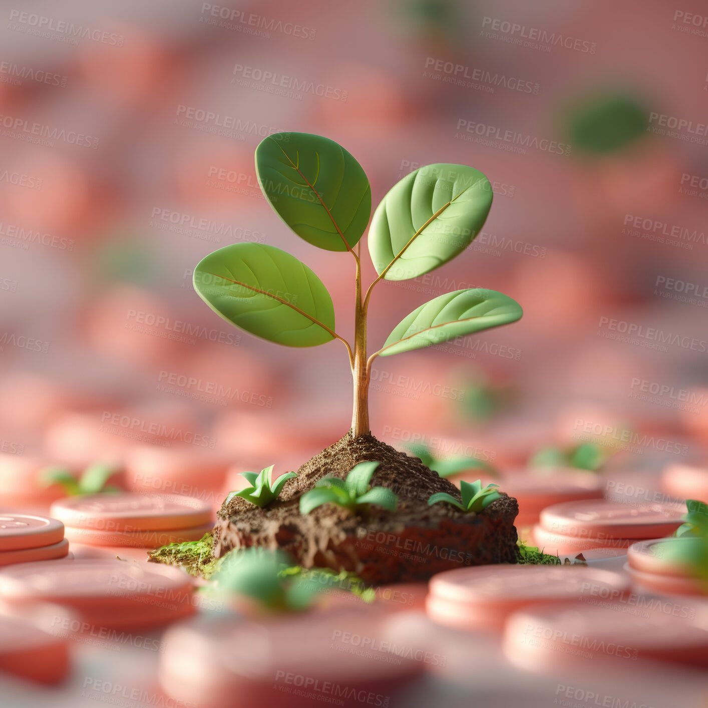 Buy stock photo 3d tree, coins and growth strategy or corporate, accounting and concept for company increase, sales and credit to save money. Financial data, graphs and charts to analyze numbers on background.