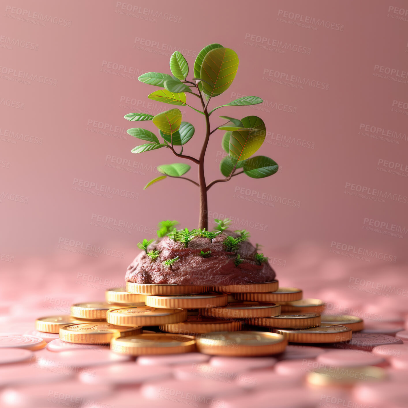 Buy stock photo 3d tree, coins and growth strategy or corporate, accounting and concept for company increase, sales and credit to save money. Financial data, graphs and charts to analyze numbers on background.