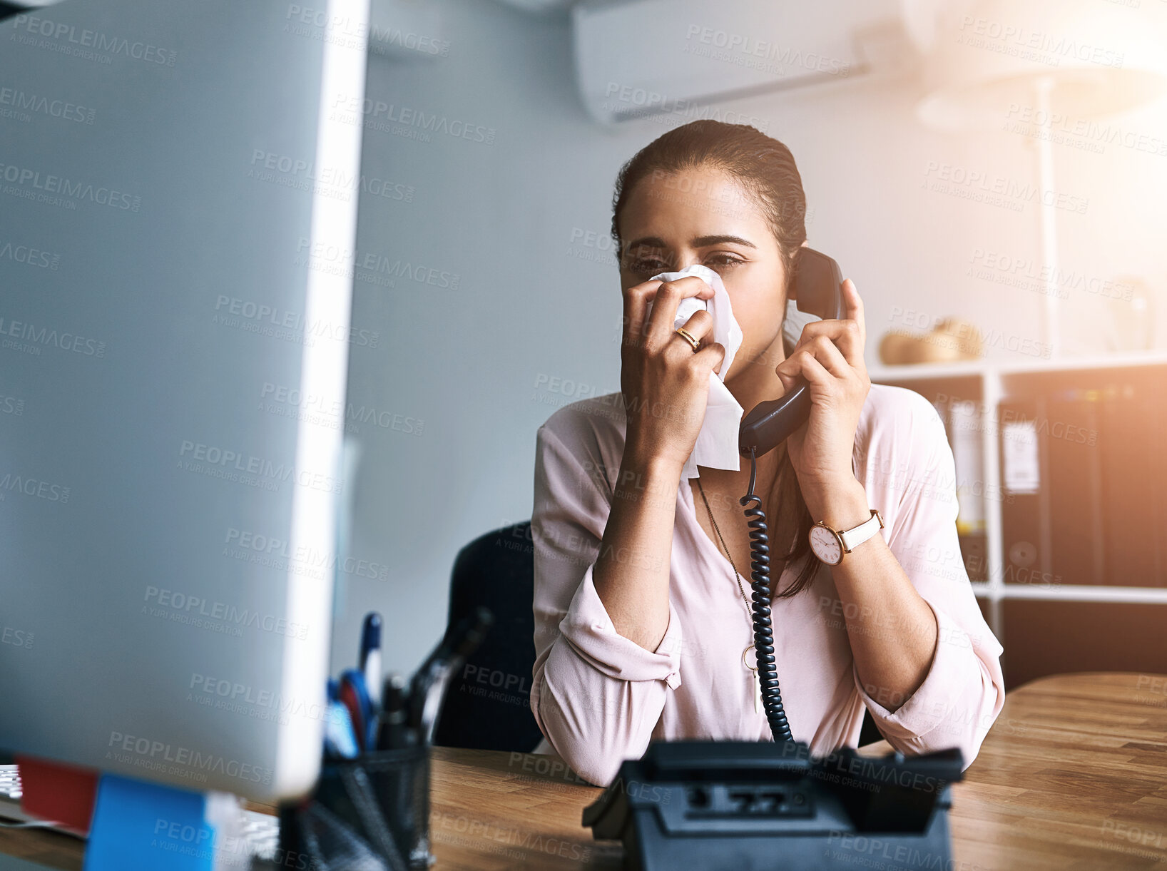 Buy stock photo Business, woman and sick with phone call in office for communication with healthcare provider and working. Female employee, blowing nose and conversation for telecommuting health assessment and flu.