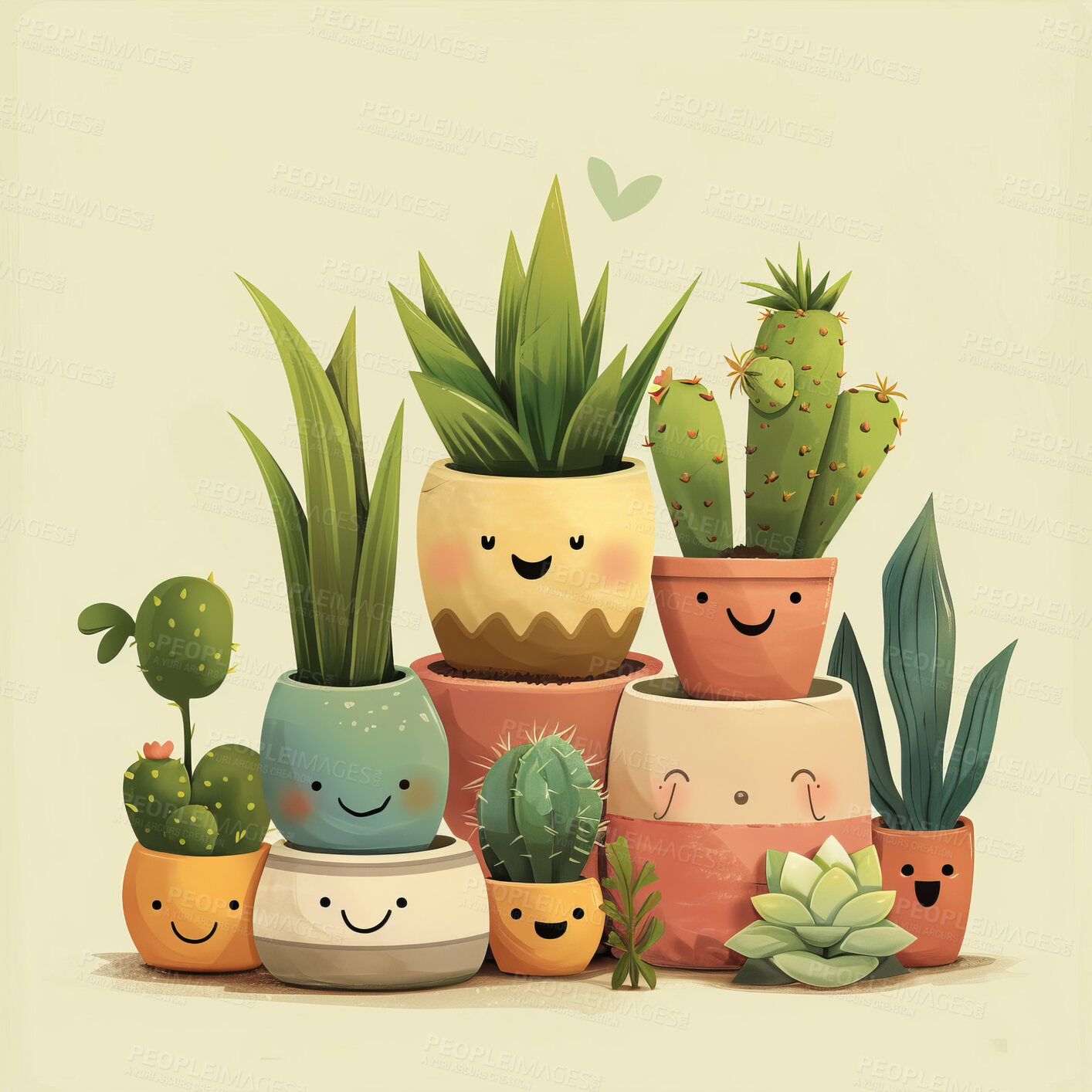 Buy stock photo Pot plant, cute and artistic illustration. Incorporating adorable plant illustrations into décor, adding charm and sweetness. Elevate spaces with charming illustrations.