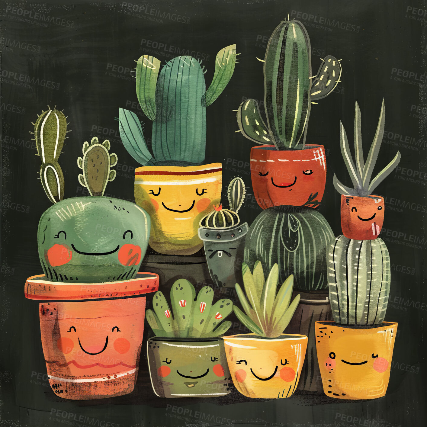 Buy stock photo Pot plant, cute and artistic illustration. Incorporating adorable plant illustrations into décor, adding charm and sweetness. Elevate spaces with charming illustrations.