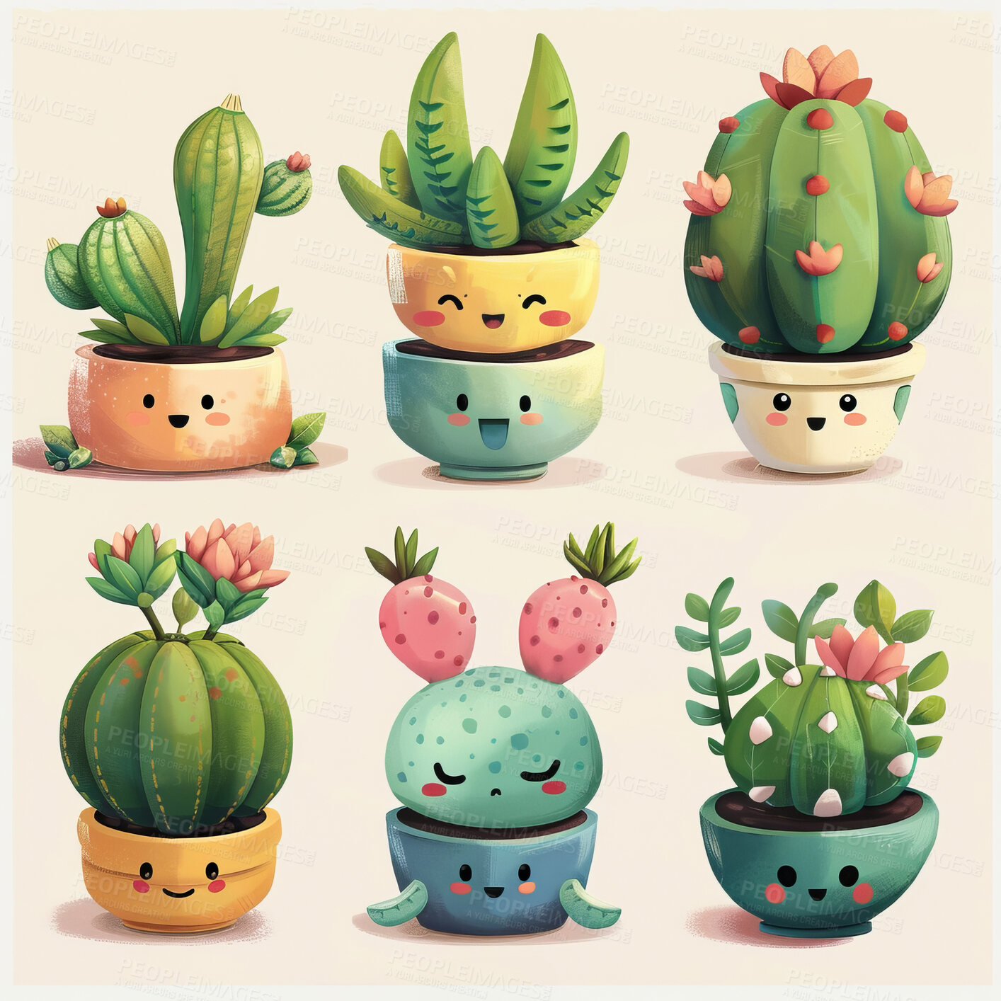 Buy stock photo Pot plant, cute and artistic illustration. Incorporating adorable plant illustrations into décor, adding charm and sweetness. Elevate spaces with charming illustrations.