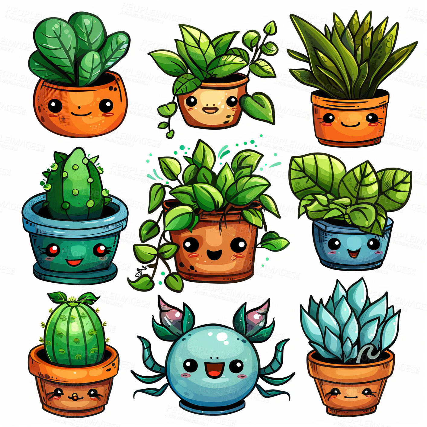 Buy stock photo Pot plant, cute and artistic illustration. Incorporating adorable plant illustrations into décor, adding charm and sweetness. Elevate spaces with charming illustrations.