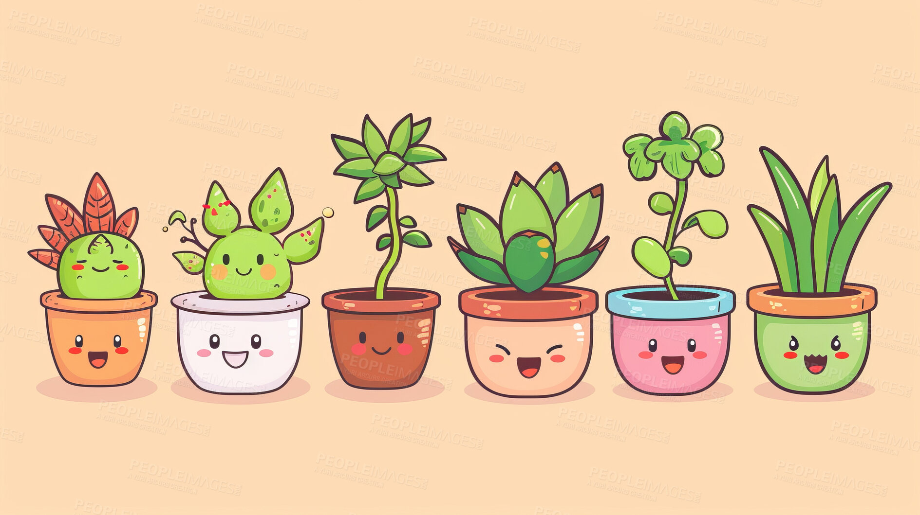 Buy stock photo Pot plant, cute and artistic illustration. Incorporating adorable plant illustrations into décor, adding charm and sweetness. Elevate spaces with charming illustrations.