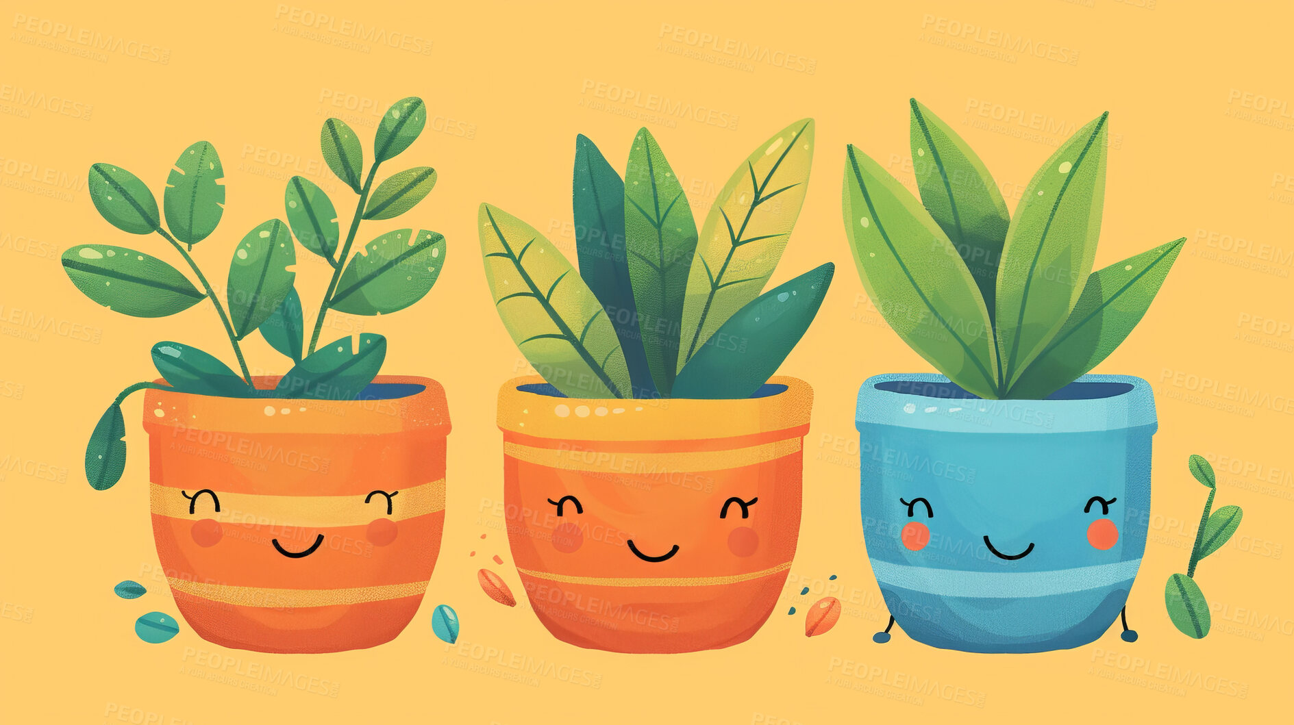 Buy stock photo Pot plant, cute and artistic illustration. Incorporating adorable plant illustrations into décor, adding charm and sweetness. Elevate spaces with charming illustrations.