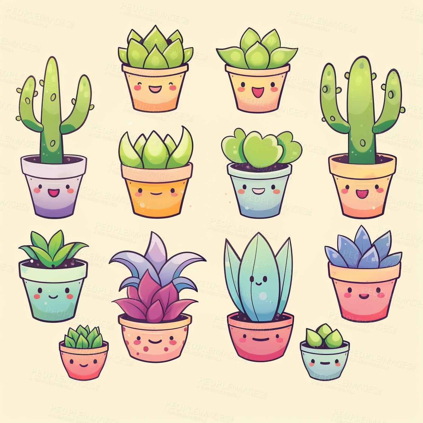 Buy stock photo Pot plant, cute and artistic illustration. Incorporating adorable plant illustrations into décor, adding charm and sweetness. Elevate spaces with charming illustrations.