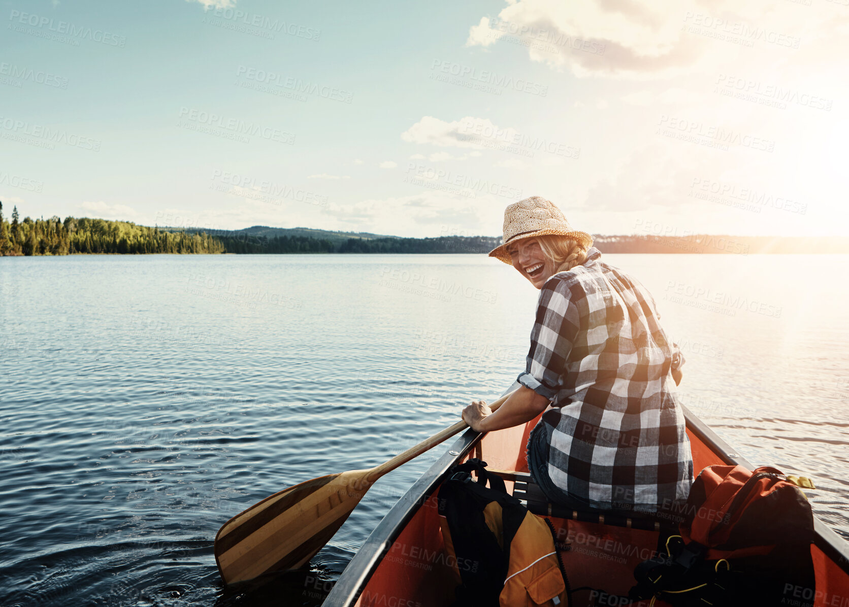 Buy stock photo Portrait, lake and woman with kayak, smile and happiness with activity, summer and hobby. Person, outdoor and girl with humor, funny or fitness with adventure, energy and canoe with vacation or water