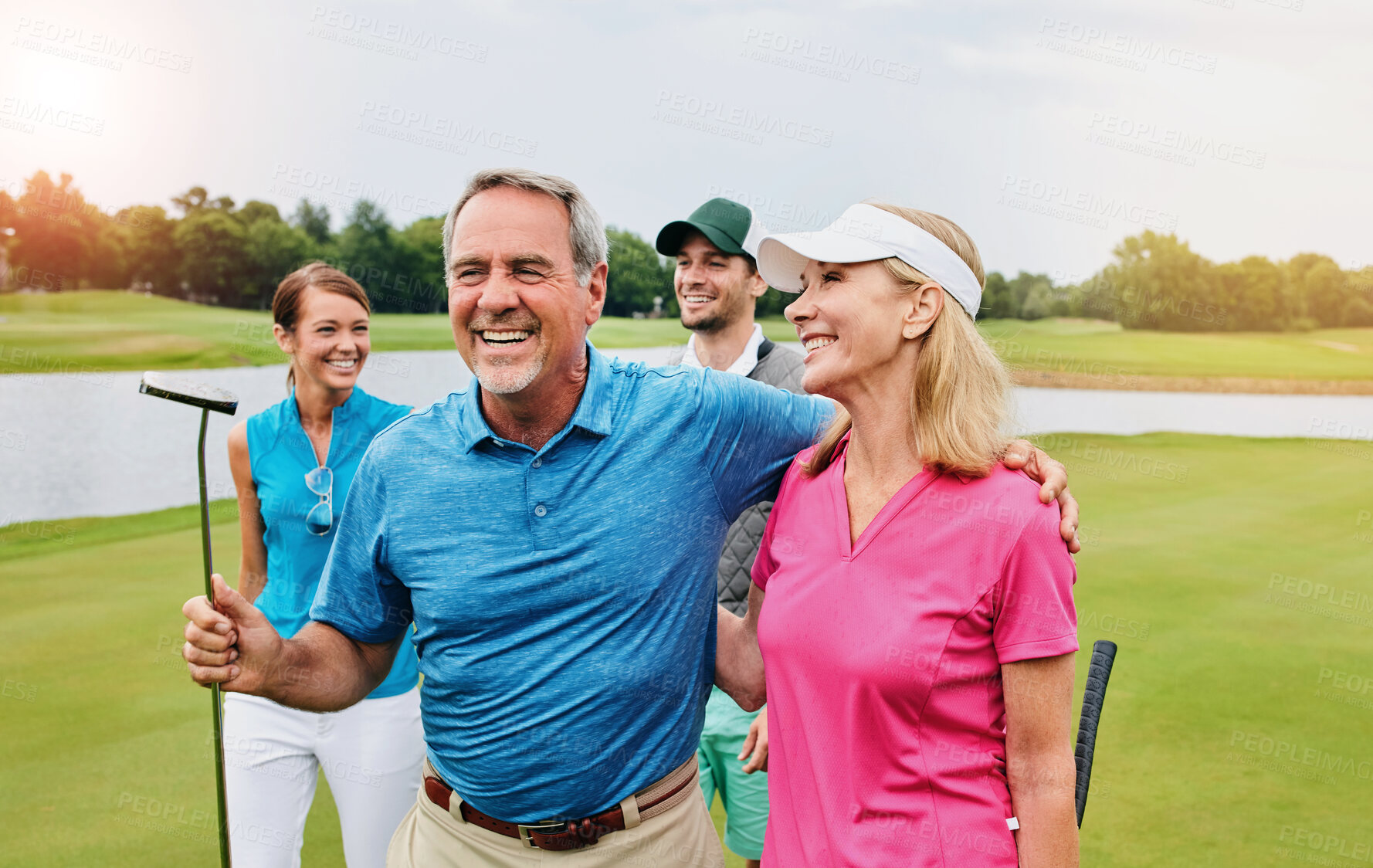 Buy stock photo Family, happy people and outdoor for golf sport, physical activity and bonding through recreation. Team, men and women for walking in nature for friendly competition, game and fun in country club