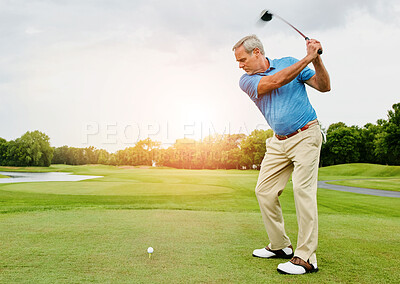 Buy stock photo Mature, man and swing on field for golf or ball for improve balance, coordination and retirement leisure with relax. Golfer, club and play on grass for physical activity, mobility and outdoor sport.