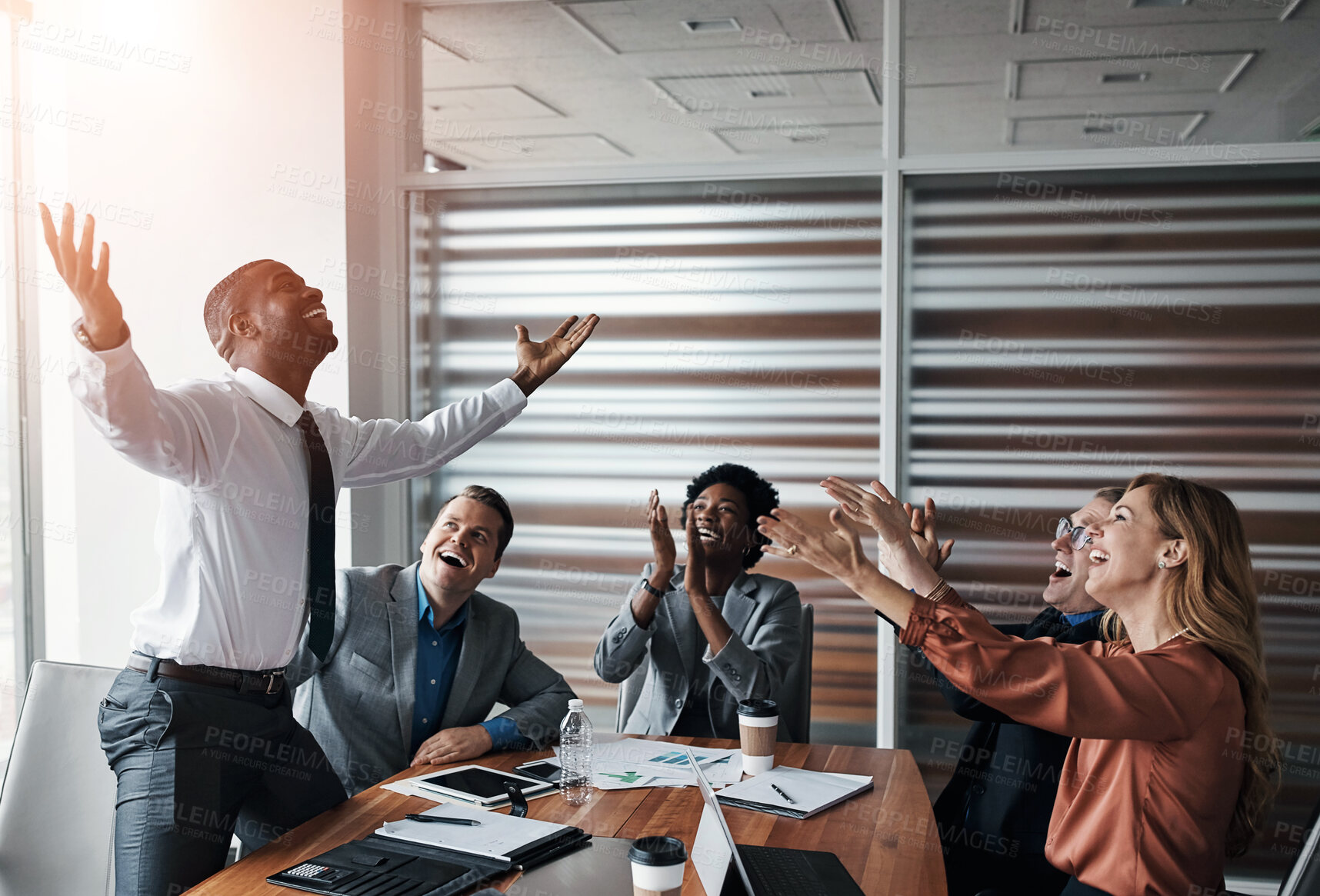 Buy stock photo Office celebration, applause or business people with praise for man leader with financial, presentation or success. Good news, winner or excited accounting team cheering for sales profit or target