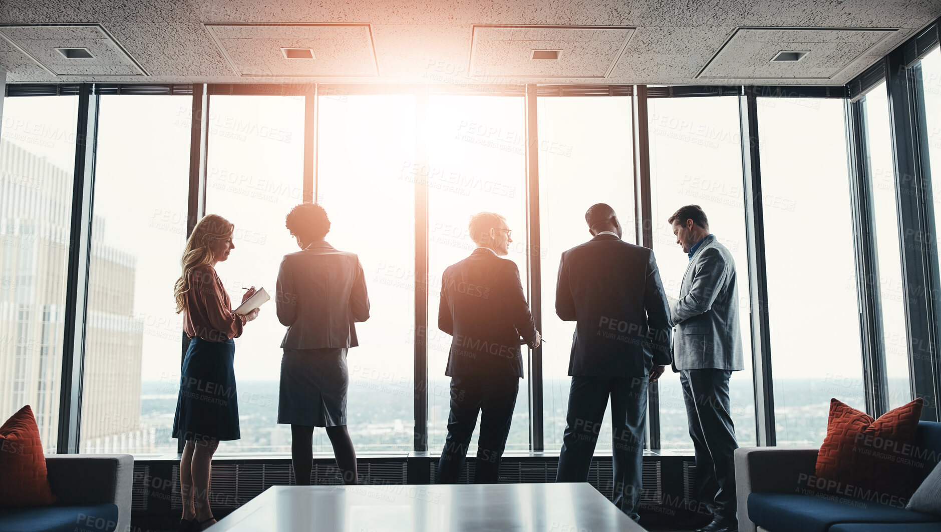 Buy stock photo Business people, conversation and standing by window in office for discussion on vendor relations, compliance and regulations. Supply chain investors, corporate communication and supplier negotiation