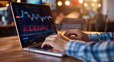 Stock market, screen and laptop finance background for business, economy and global inflation. Hand, typing or marketing strategy graphic wallpaper for banking, investment growth or forex trading