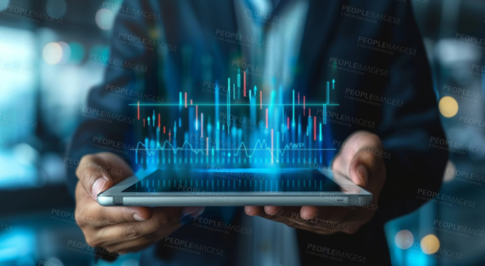Buy stock photo Tablet, graph and info graphics 3d design for data analysis, seo tools or statistics background. Colourful, illustration and bar graphic for marketing strategy, stock market and trading wallpaper