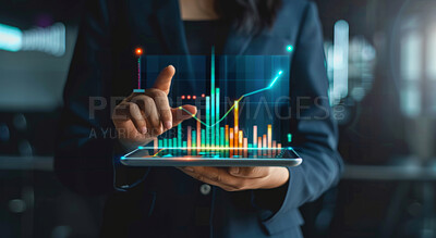 Tablet, graph and info graphics 3d design for data analysis, seo tools or statistics background. Colourful, illustration and bar graphic for marketing strategy, stock market and trading wallpaper