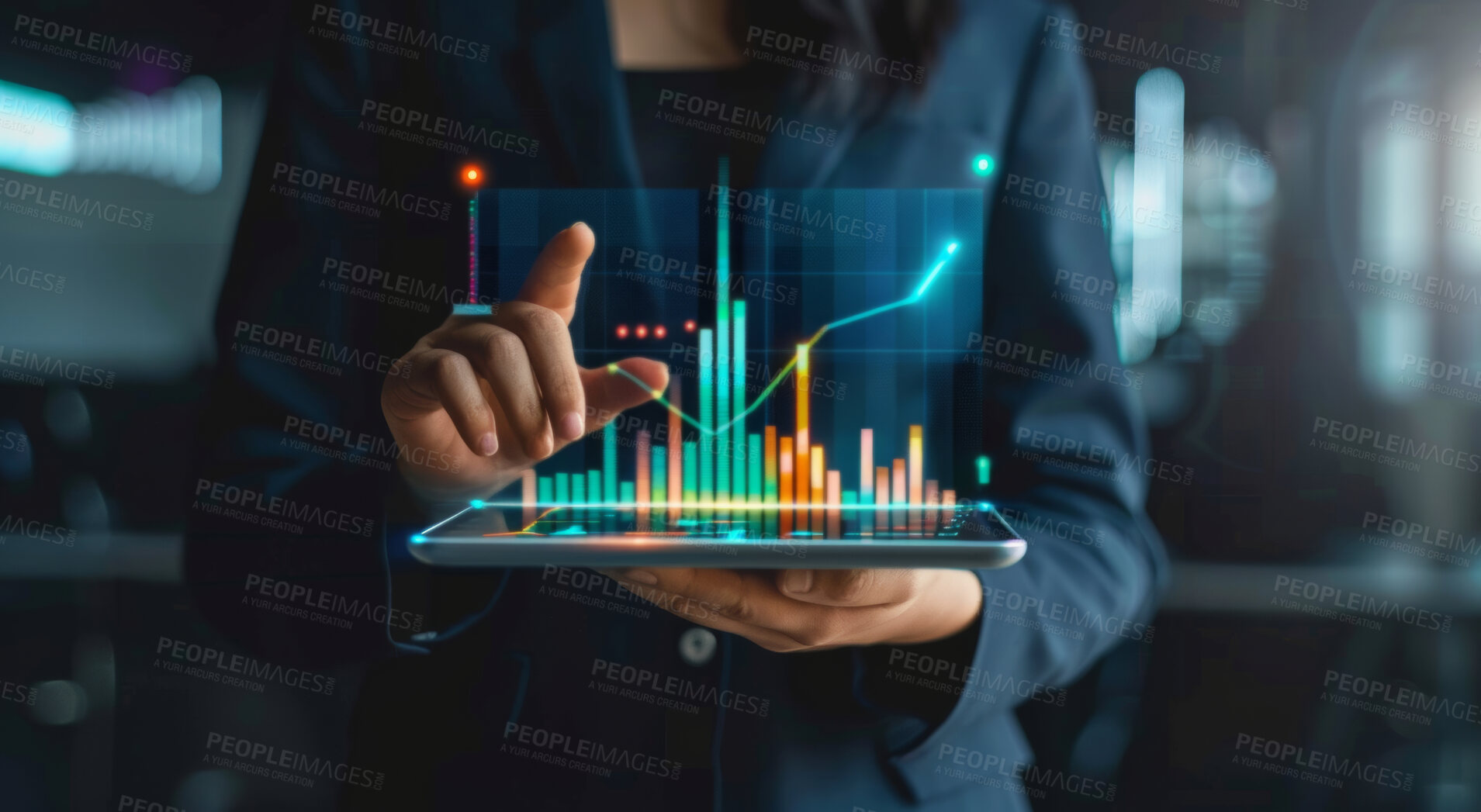 Buy stock photo Tablet, graph and info graphics 3d design for data analysis, seo tools or statistics background. Colourful, illustration and bar graphic for marketing strategy, stock market and trading wallpaper