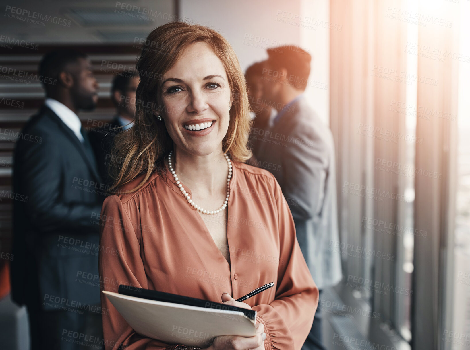 Buy stock photo Happy, paperwork and portrait of business woman in office with team for company budget report. Documents, smile and mature female financial manager with corporate revenue, profit or investment file.