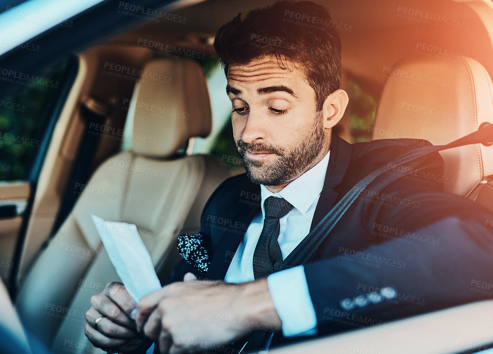 Buy stock photo Car, travel and business man with fine for speeding, traffic law and compliance on commute, journey and trip. Transport, driving and person with parking ticket, slip and paper for vehicle insurance