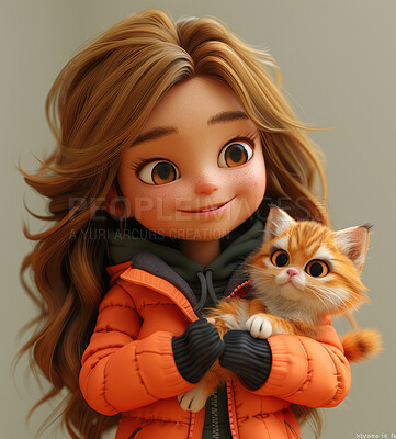 Cartoon girl, 3D and illustration for animation with cat. Character or studio concept for mock up. Realistic, innovative rendering. Graphic, design and creative inspiration in cutting-edge visuals.