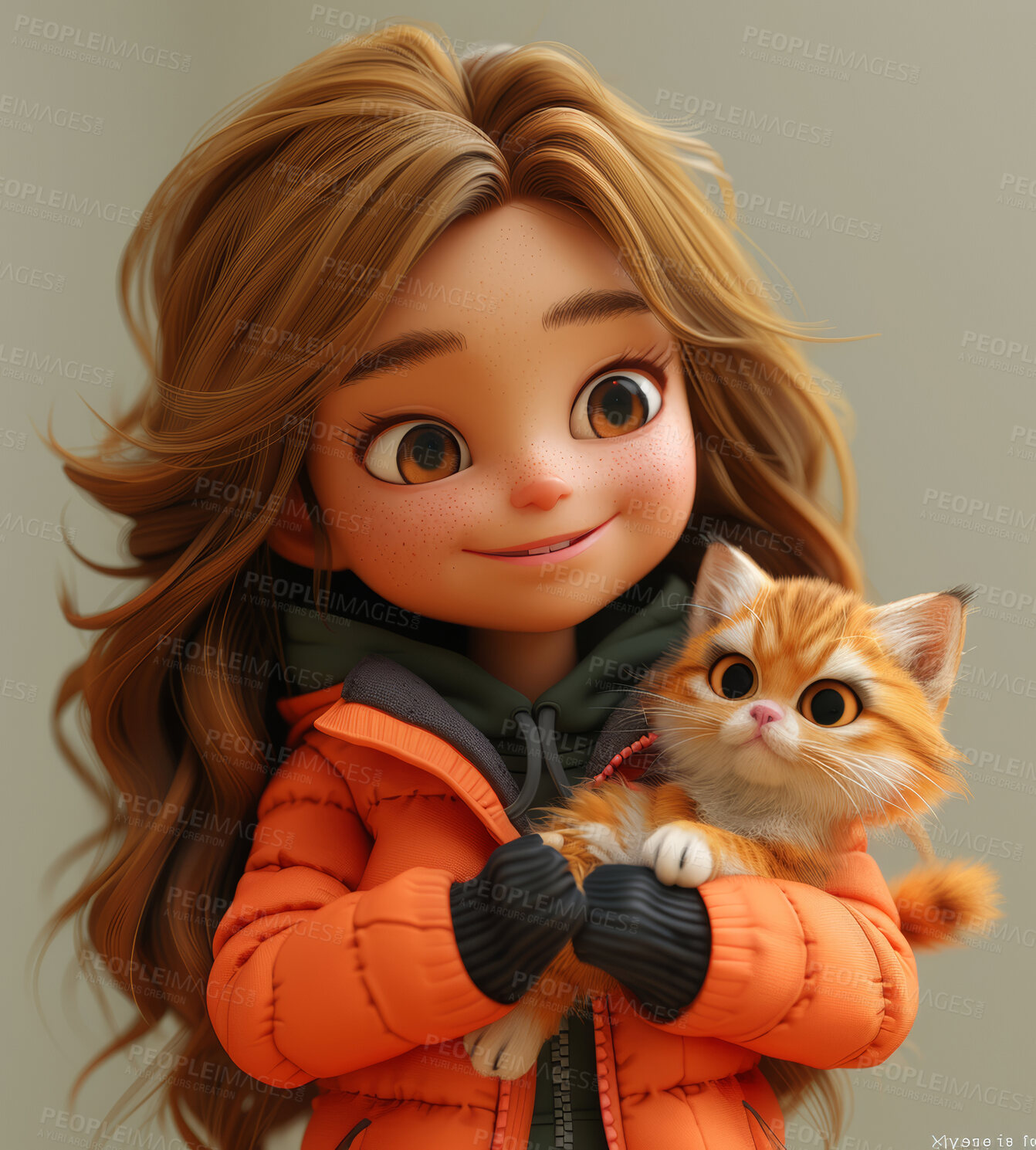 Buy stock photo Cartoon girl, 3D and illustration for animation with cat. Character or studio concept for mock up. Realistic, innovative rendering. Graphic, design  and creative inspiration in cutting-edge visuals.