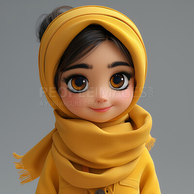 Cartoon muslim, 3D and illustration for animation on backdrop. Character or studio concept for mock up. Realistic, innovative rendering. Graphic, design and creative inspiration in cutting-edge visuals.