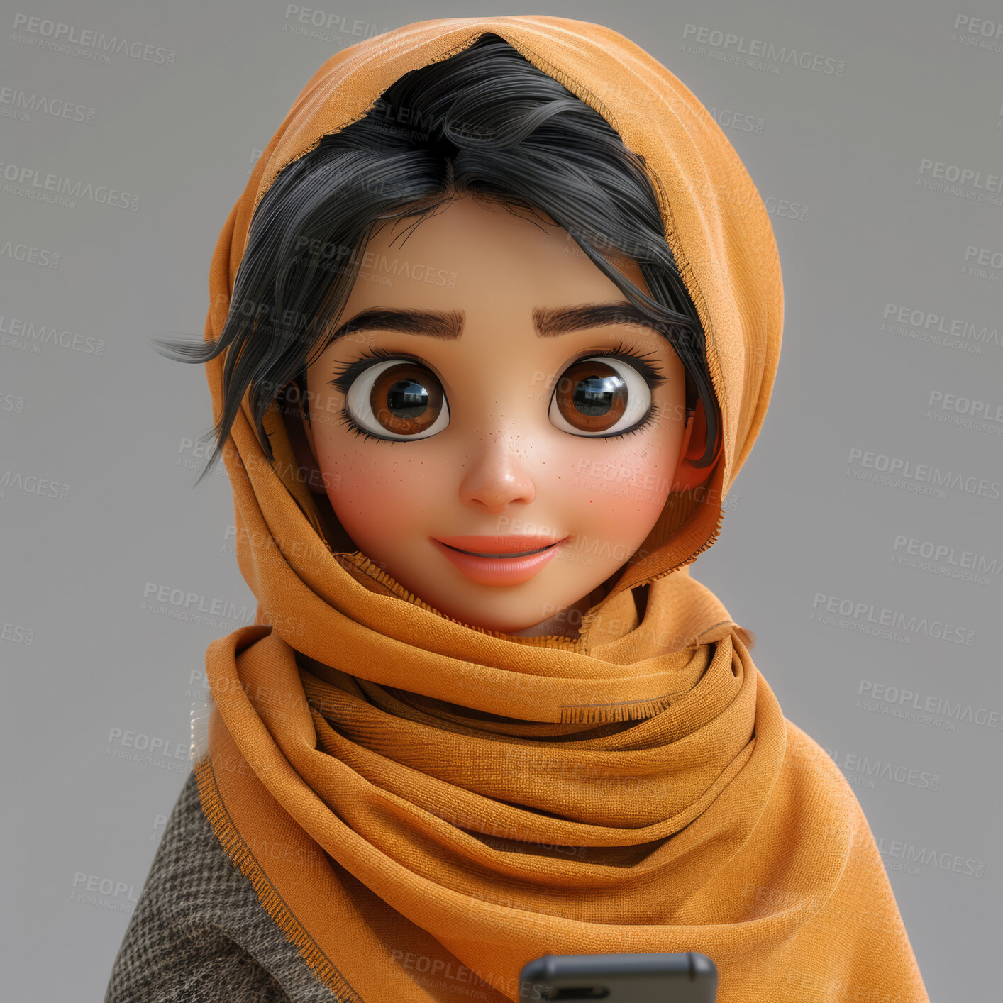 Buy stock photo Cartoon muslim, 3D and illustration for animation on backdrop. Character or studio concept for mock up. Realistic, innovative rendering. Graphic, design and creative inspiration in cutting-edge visuals.