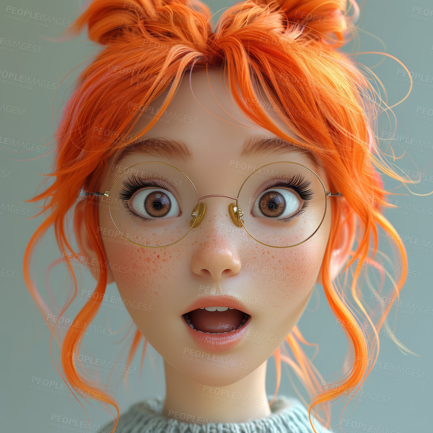 Buy stock photo Cartoon girl, 3D and illustration for animation on backdrop. Red-head or studio concept for mock up. Realistic, innovative rendering. Graphic, design and creative inspiration in cutting-edge visuals.