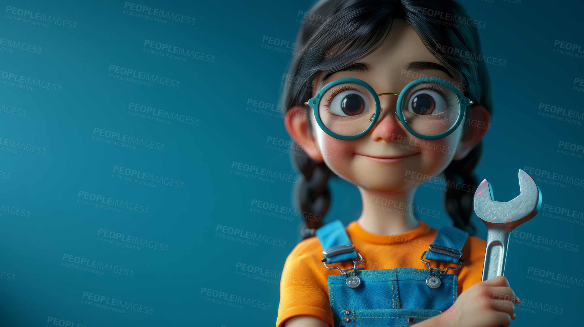 Buy stock photo Nerd cartoon, 3d and illustration with tool on backdrop. Character or studio concept for mock up. Realistic, innovative rendering. Graphic, design and creative inspiration in cutting-edge visuals.
