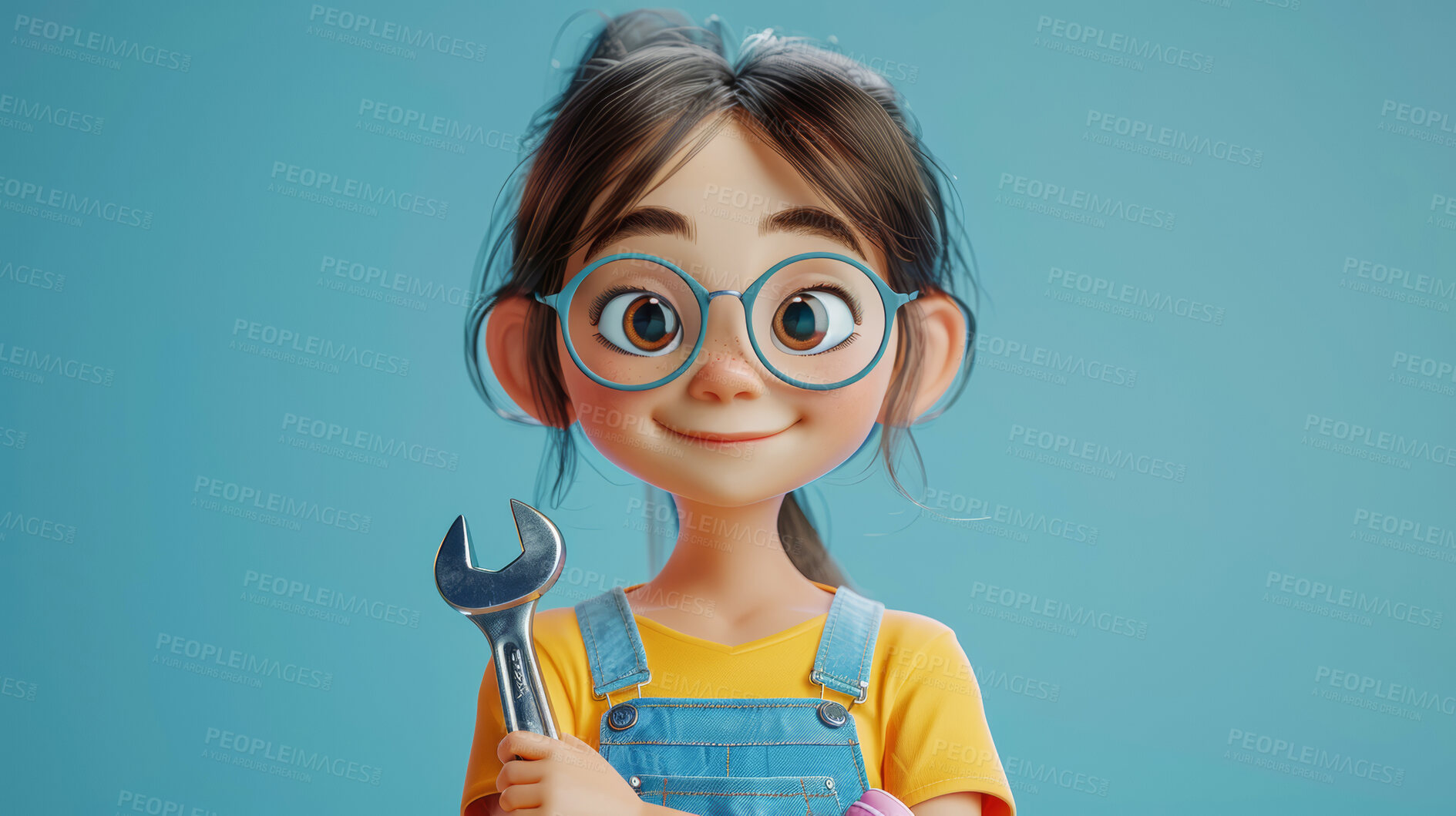 Buy stock photo Nerd cartoon, 3d and illustration with tool on backdrop. Character or studio concept for mock up. Realistic, innovative rendering. Graphic, design and creative inspiration in cutting-edge visuals.