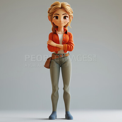 Cartoon girl, 3D and illustration for animation on backdrop. Character or studio concept for mock up. Realistic, full body pose. Graphic, design and creative inspiration in cutting-edge visuals.