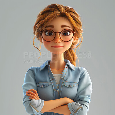 Cartoon female, 3D and illustration for animation on backdrop. Character or studio concept for mock up. Realistic, innovative rendering. Graphic, design and creative inspiration in cutting-edge visuals.