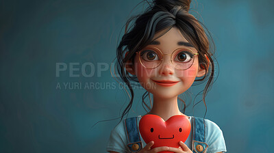 Cartoon girl, 3D and illustration for animation with heart. Character or studio concept for mock up. Realistic, innovative rendering. Graphic, design and creative inspiration in cutting-edge visuals.