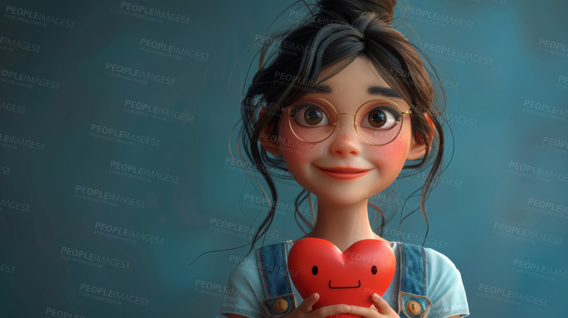 Buy stock photo Cartoon girl, 3D and illustration for animation with heart. Character or studio concept for mock up. Realistic, innovative rendering. Graphic, design and creative inspiration in cutting-edge visuals.