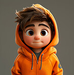 Cartoon, 3D and illustration for animation on background with hoodie. Character or studio concept for mock up. Realistic, innovative rendering. Graphic, design and creative inspiration in cutting-edge visuals.