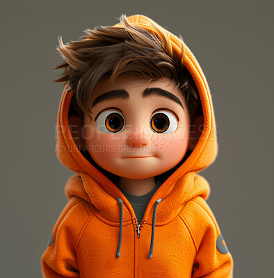 Cartoon, 3D and illustration for animation on background with hoodie. Character or studio concept for mock up. Realistic, innovative rendering. Graphic, design and creative inspiration in cutting-edge visuals.