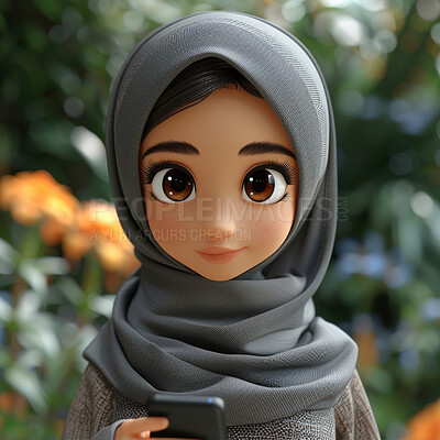 Arab female, 3D and illustration for animation, character or portrait concept for mock up. Realistic, innovative rendering. Graphic, design and creative inspiration in cutting-edge visuals.